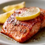 Close-up of pan-fried sockeye salmon with crispy skin and lemon garnish on a white plate.