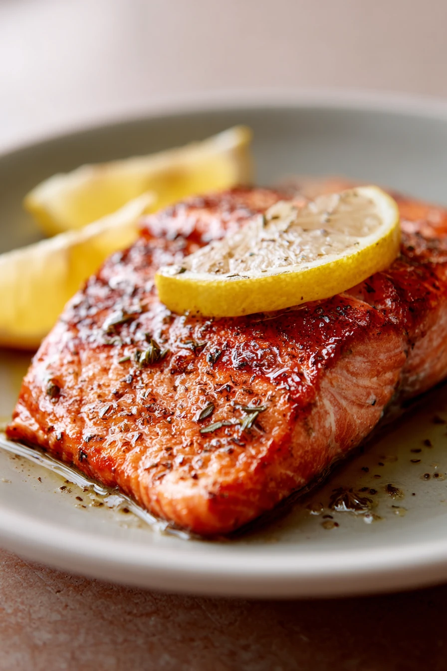 Close-up of pan-fried sockeye salmon with crispy skin and lemon garnish on a white plate.