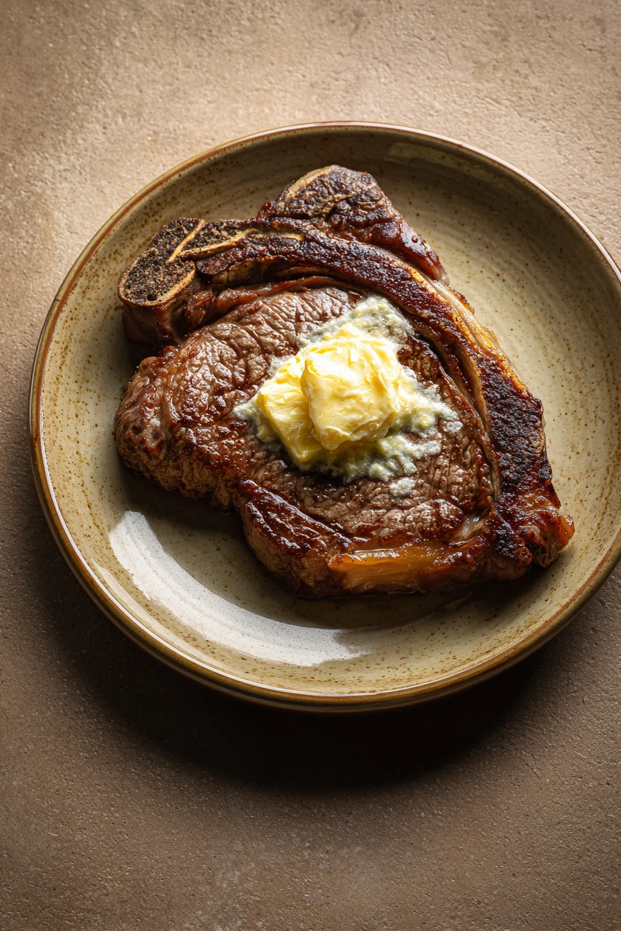 Close-up of a pan-seared steak with melting butter on top, showcasing a juicy and appetizing texture.