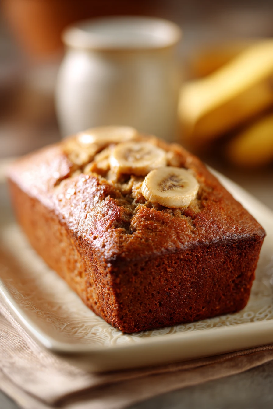 Close-up of peanut butter banana bread with a clean background and bright lighting