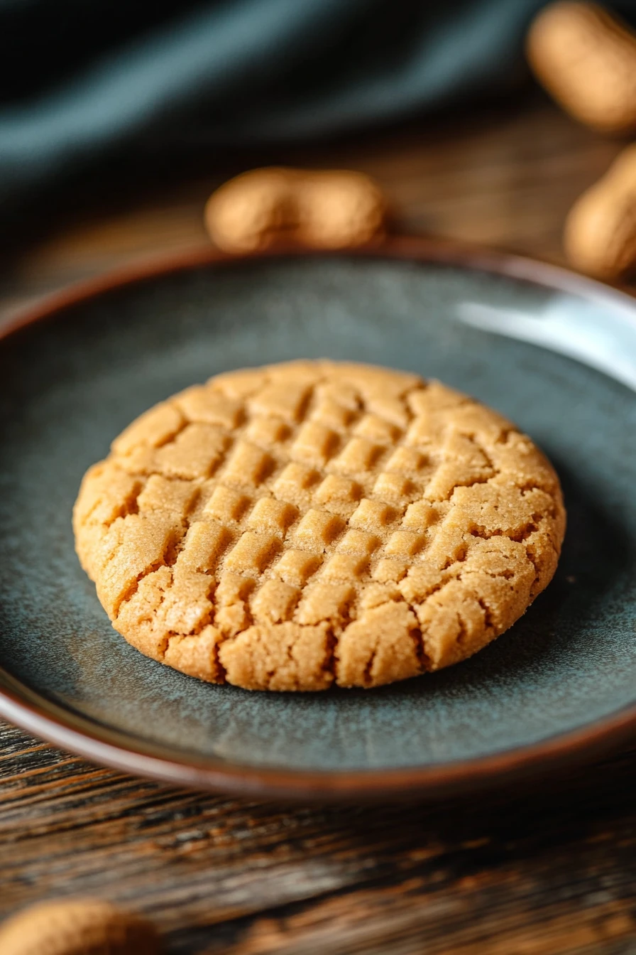 Close-up of a peanut butter cookie with a golden brown texture on a clean white background.