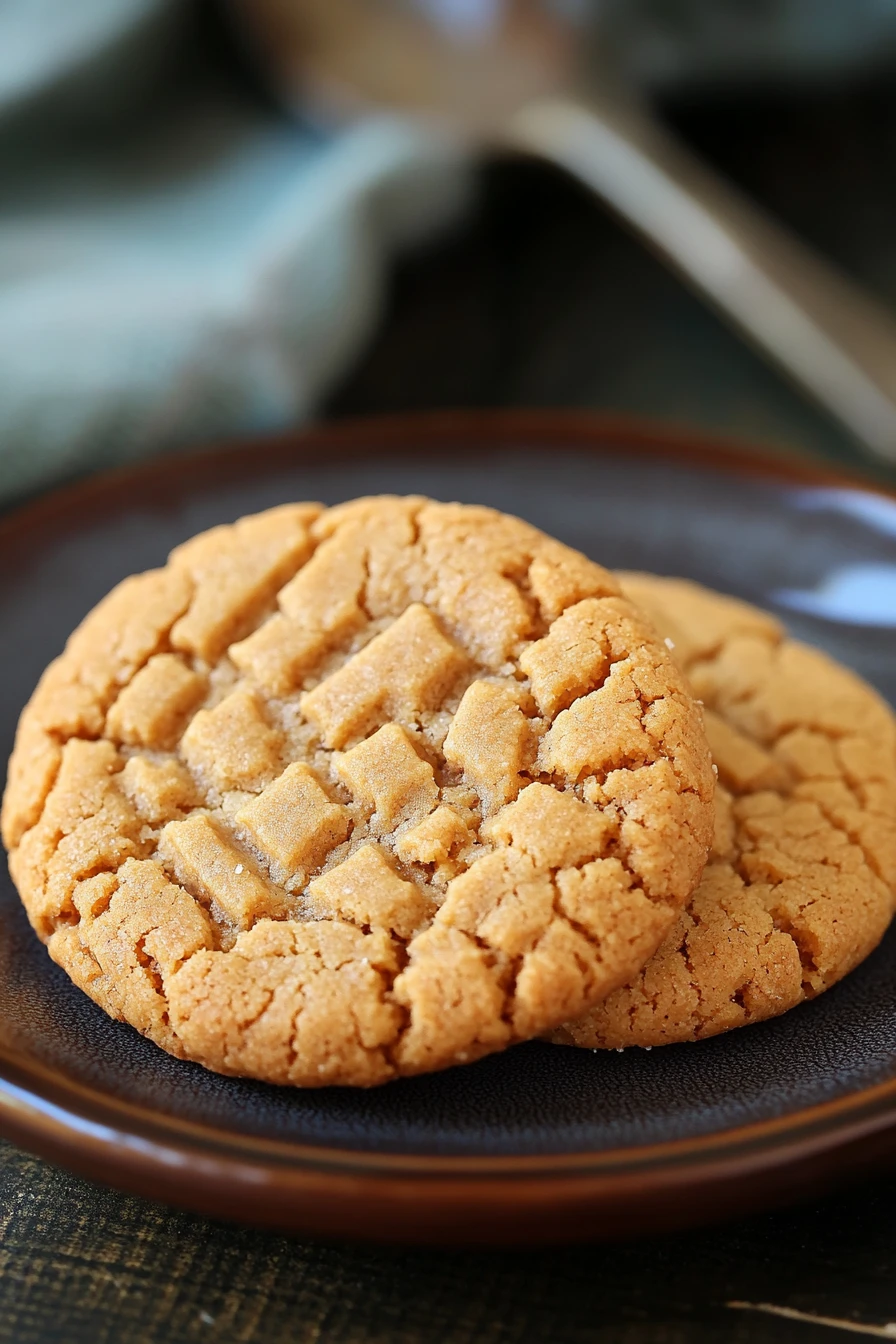 Close-up of peanut butter cookies on a wooden surface, no sugar added.