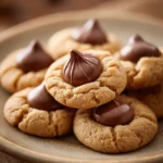 Close-up of peanut butter cookies with chocolate kisses on a clean background.
