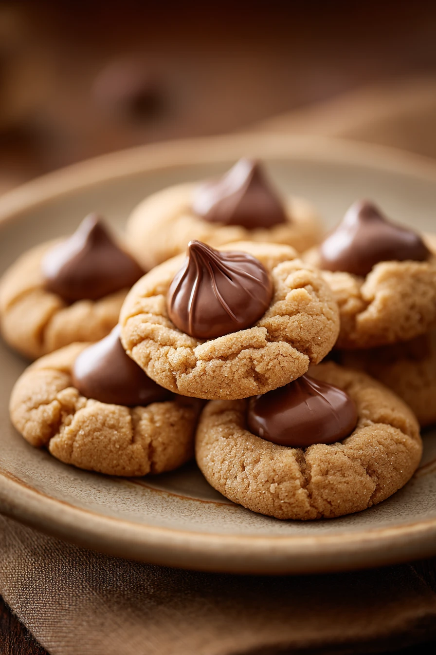 Close-up of peanut butter cookies with chocolate kisses on a clean background.