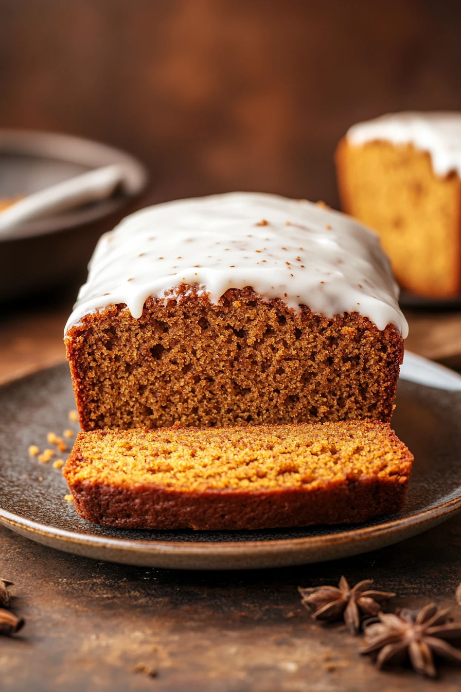 Close-up of pumpkin bread with icing on a wooden board, showcasing its texture and glaze.