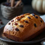 Close-up of freshly baked pumpkin raisin bread with a golden crust and visible raisins.