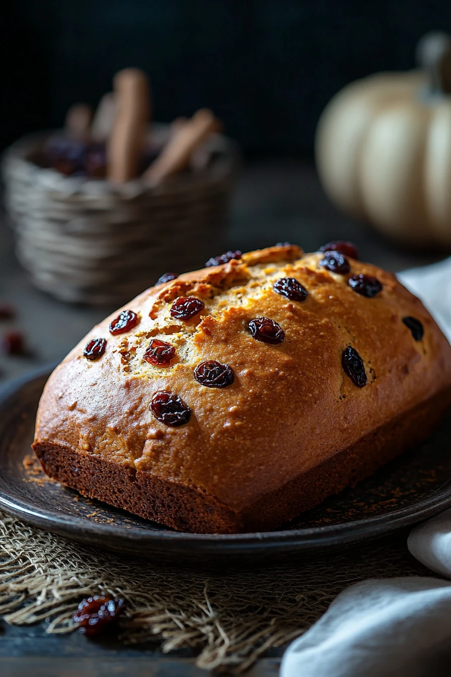 Close-up of freshly baked pumpkin raisin bread with a golden crust and visible raisins.