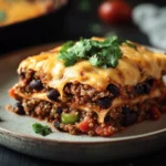 Close-up of quinoa beef enchilada casserole with melted cheese and garnished with herbs