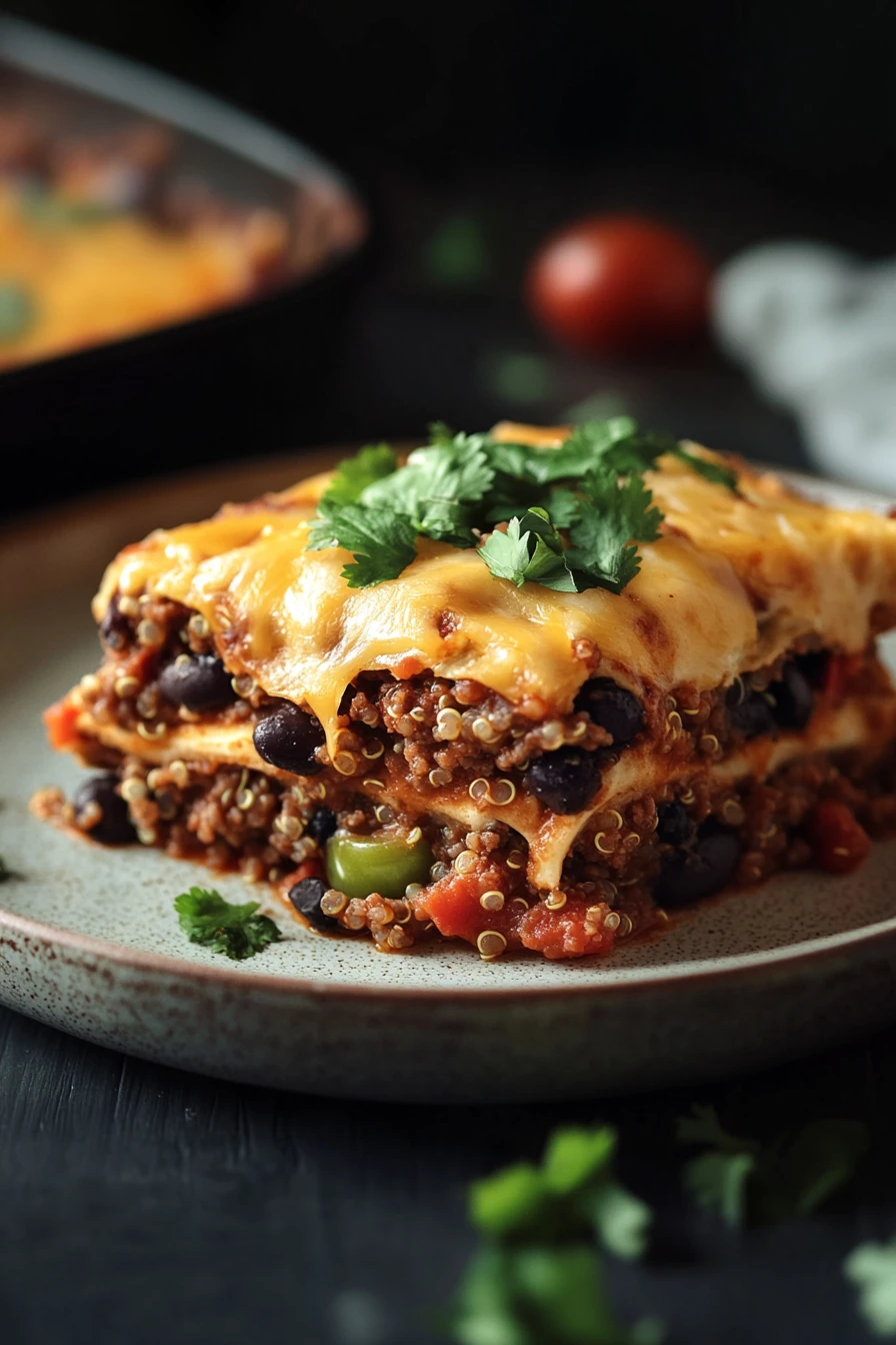 Close-up of quinoa beef enchilada casserole with melted cheese and garnished with herbs