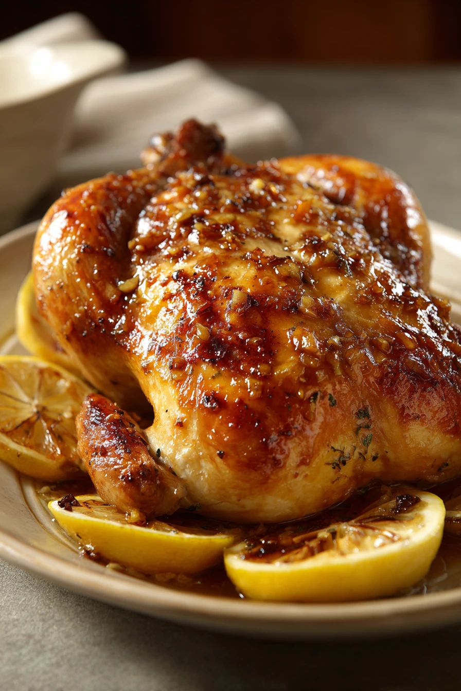 Close-up of roast chicken with honey garlic glaze, golden and appetizing.