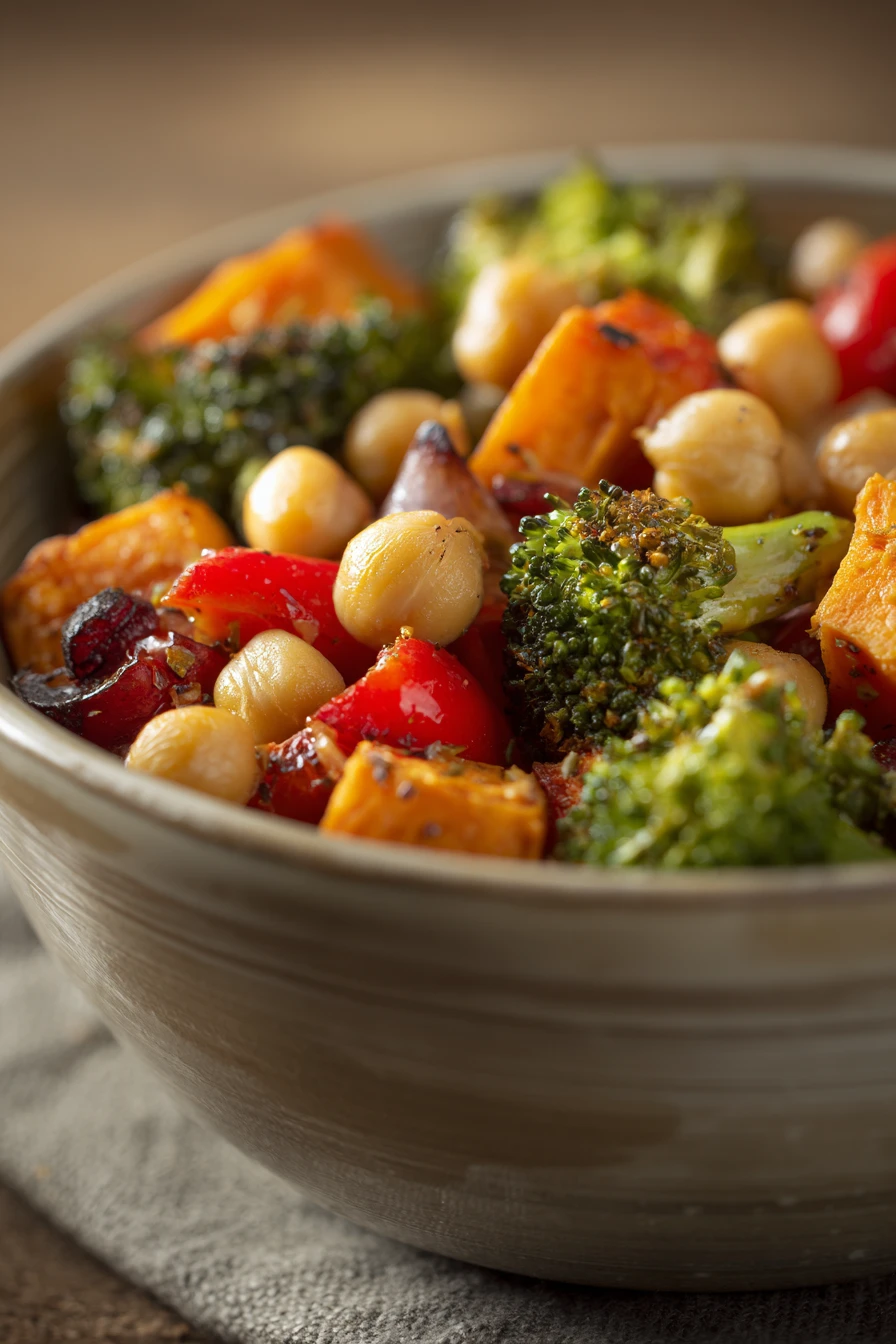 Close-up of roasted chickpeas and vegetables with bright lighting