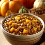 Close-up of a roasted pumpkin lentil stew with vibrant colors and textures.