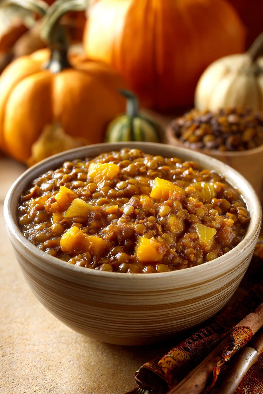 Close-up of a roasted pumpkin lentil stew with vibrant colors and textures.