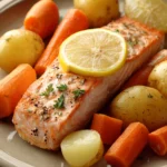 Close-up of a salmon baked dinner with bright lighting and clean background