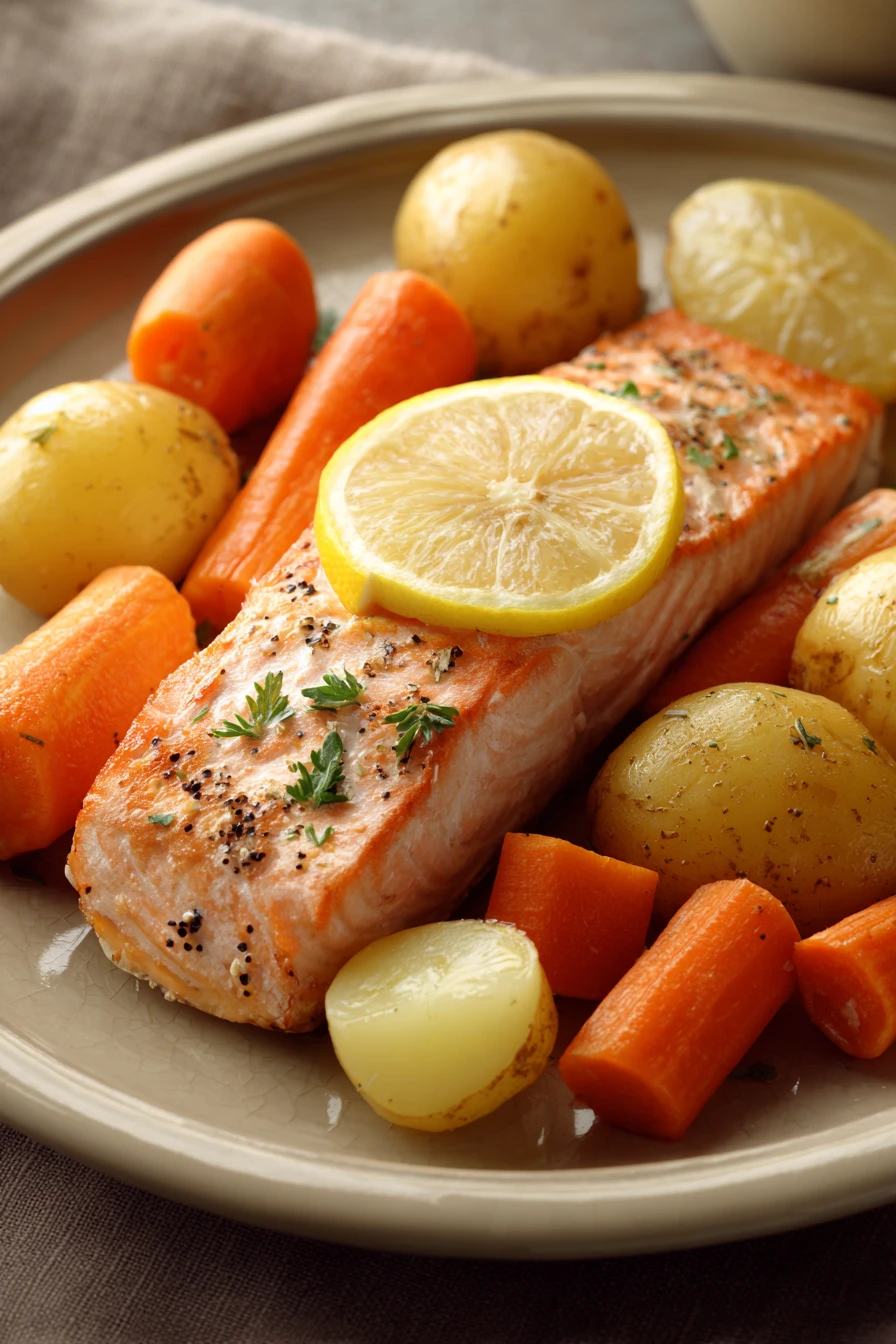 Close-up of a salmon baked dinner with bright lighting and clean background