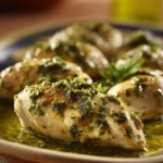 Close-up of Salsa Verde Chicken with creamy sauce and herbs on a clean plate.