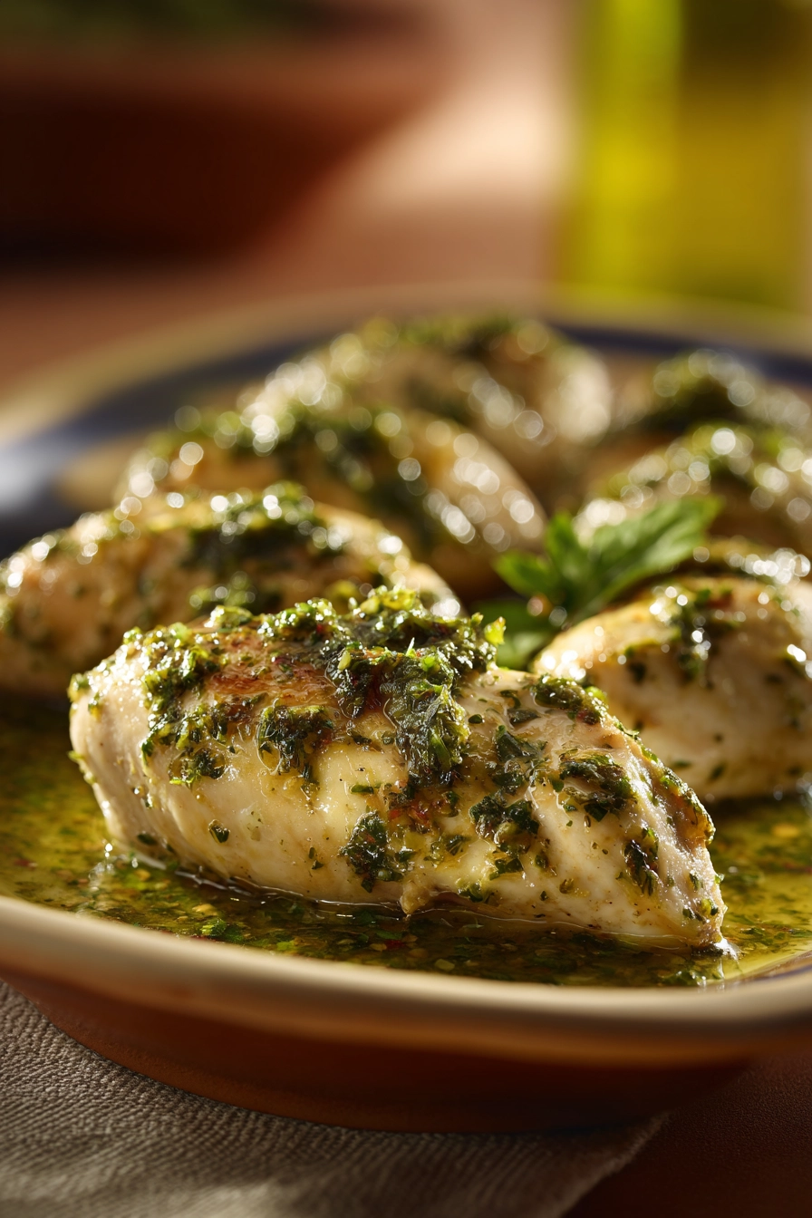Close-up of Salsa Verde Chicken with creamy sauce and herbs on a clean plate.