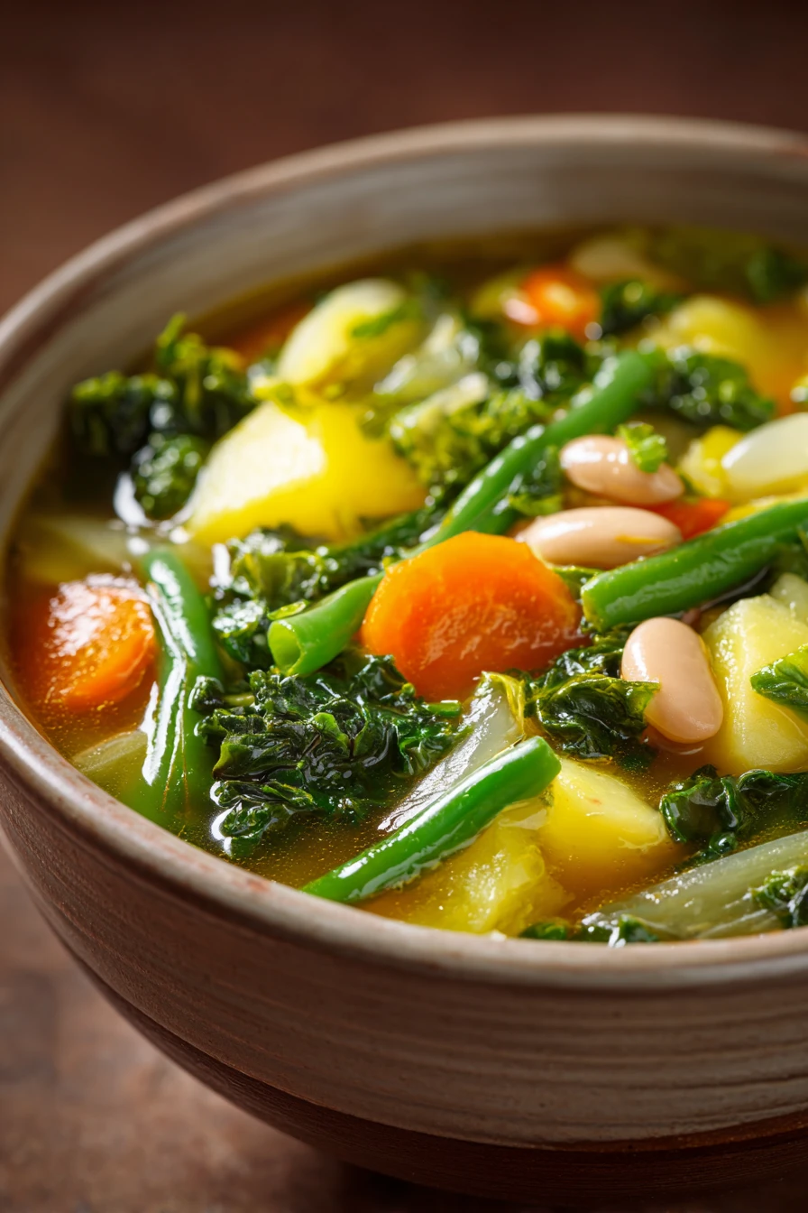 Close-up of Sardinian Longevity Soup with vibrant vegetables and herbs