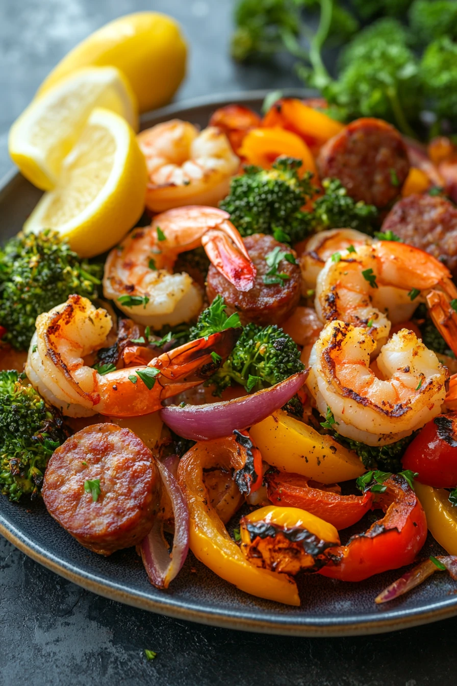 Close-up of a sausage and shrimp sheet pan meal with vibrant colors and clear textures
