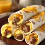 Close-up of sausage egg breakfast roll-ups with golden brown crust on a clean white plate.