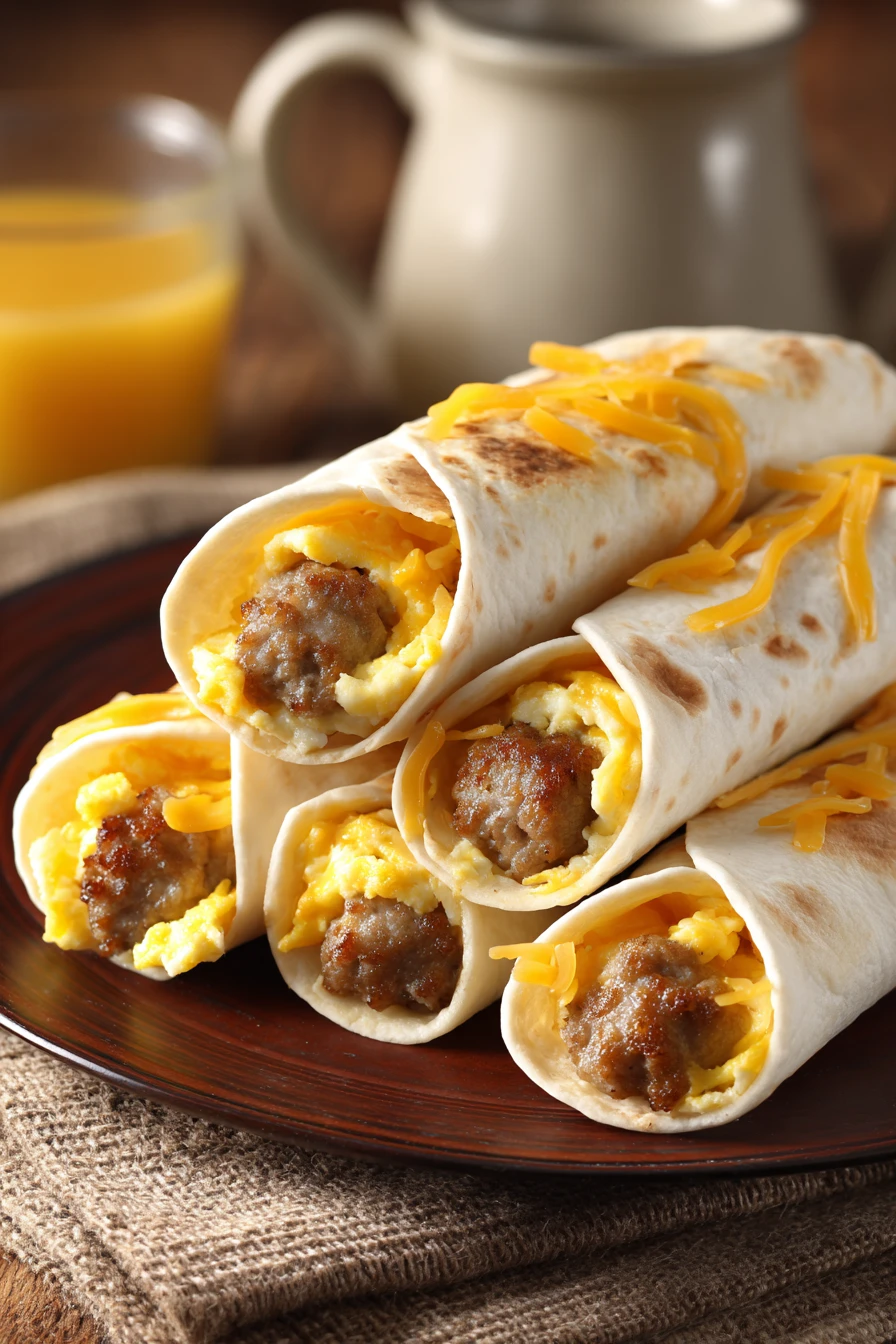 Close-up of sausage egg breakfast roll-ups with golden brown crust on a clean white plate.