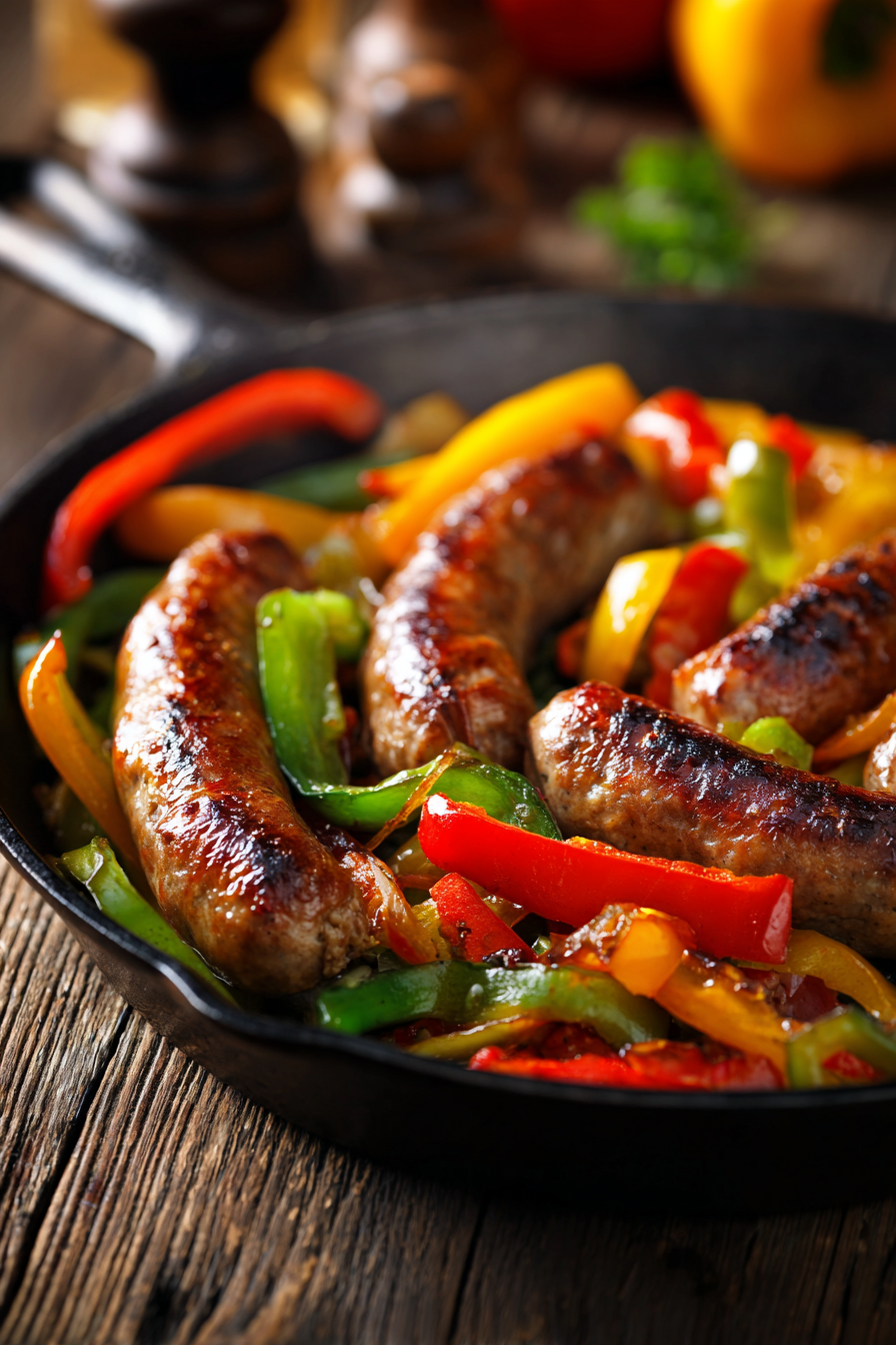 Close-up of savory sausage links with sautéed vibrant bell peppers on a rustic wooden surface, warm natural light enhancing textures.