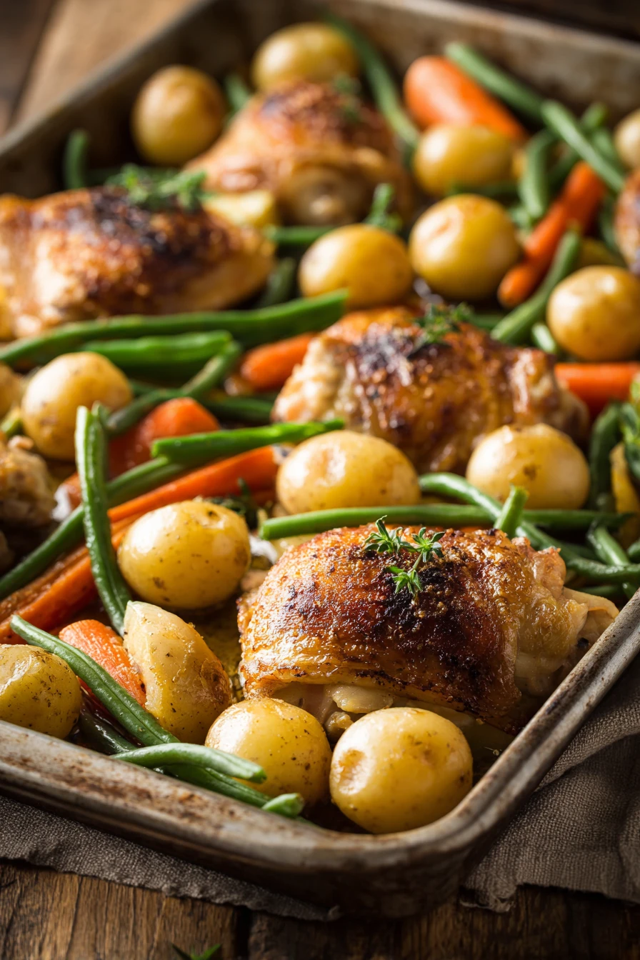 Close-up of a colorful sheet pan dinner with roasted vegetables and chicken.