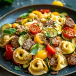Close-up of a sheet pan dinner with tortellini in creamy sauce, garnished with herbs.