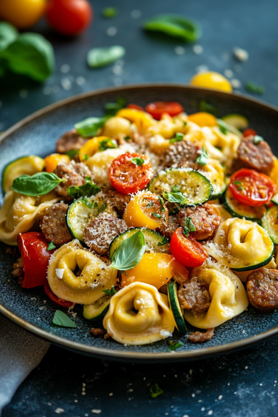 Close-up of a sheet pan dinner with tortellini in creamy sauce, garnished with herbs.