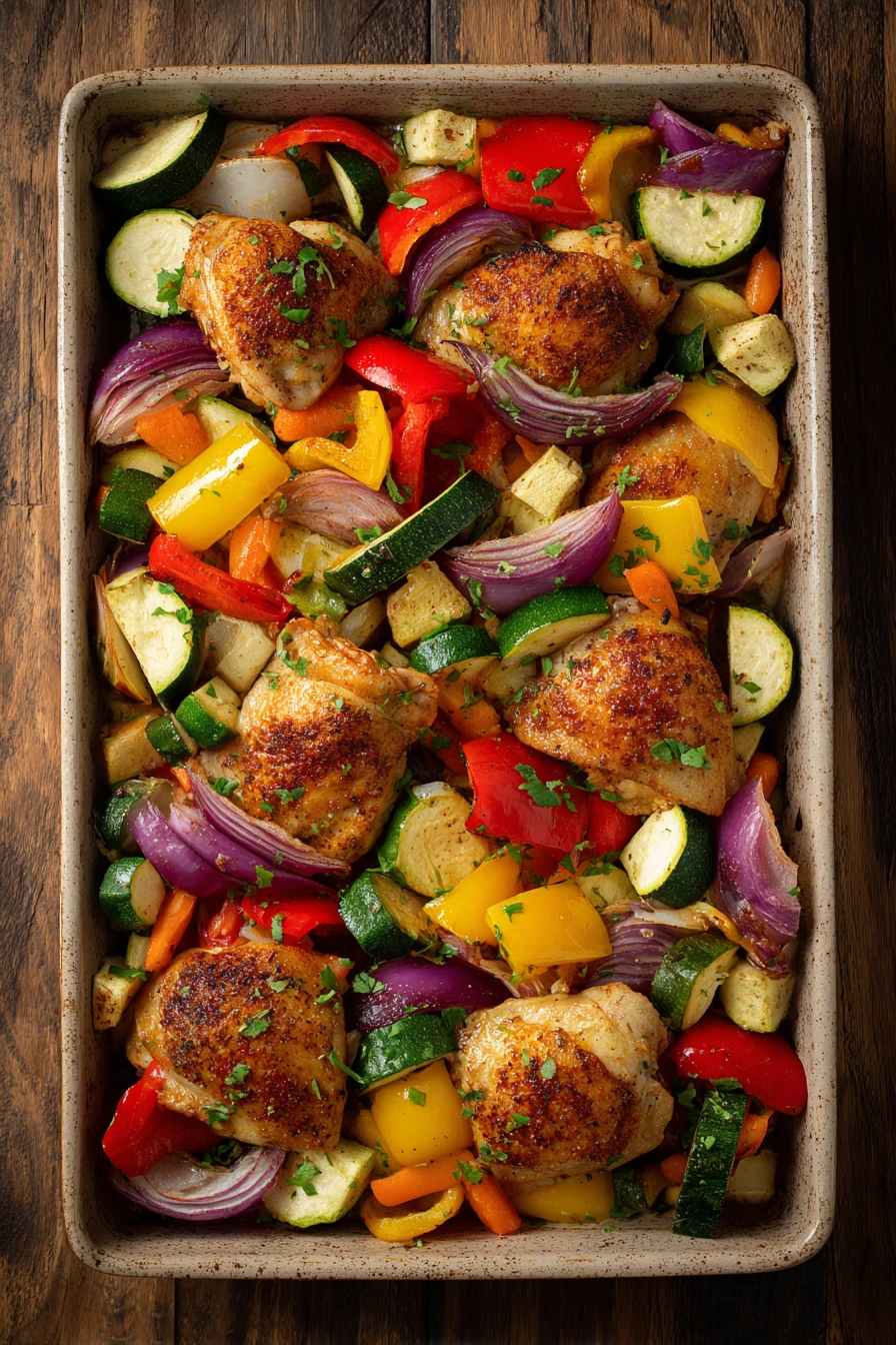 Close-up of sheet pan paprika chicken with roasted vegetables, showcasing vibrant colors and textures.