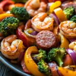Sheet pan sausage and shrimp with vegetables in a bright, appetizing close-up.