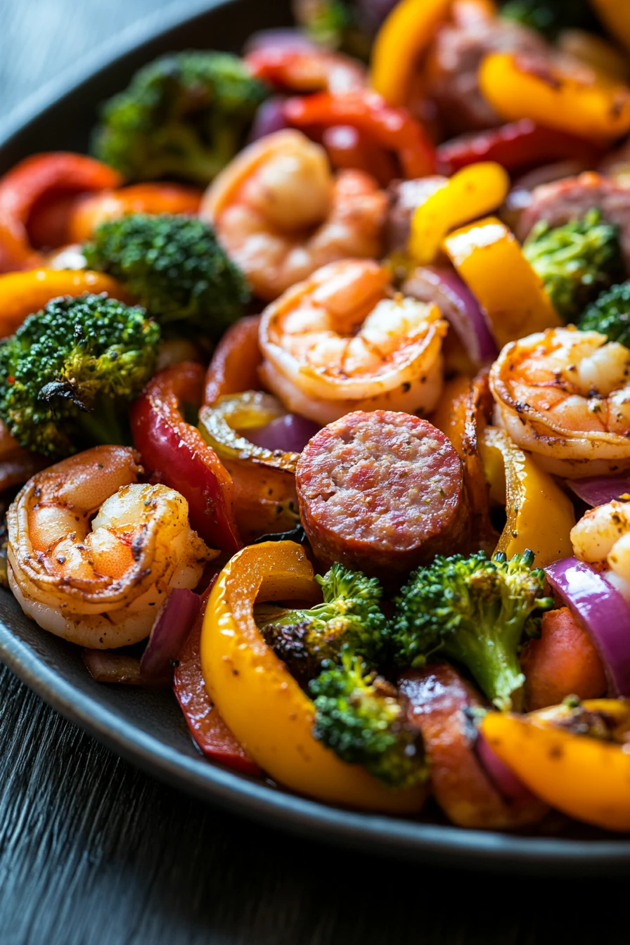 Sheet pan sausage and shrimp with vegetables in a bright, appetizing close-up.