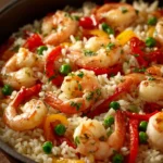 Close-up of a shrimp and rice skillet with vibrant colors and appetizing presentation.