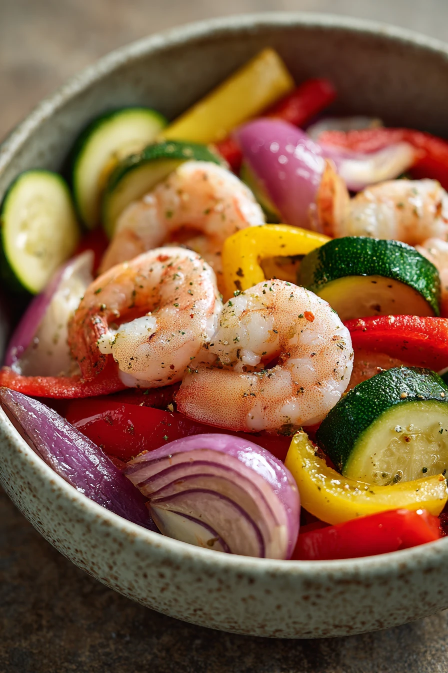 Close-up of shrimp and vegetables cooked in an air fryer, with bright colors and a clean background.