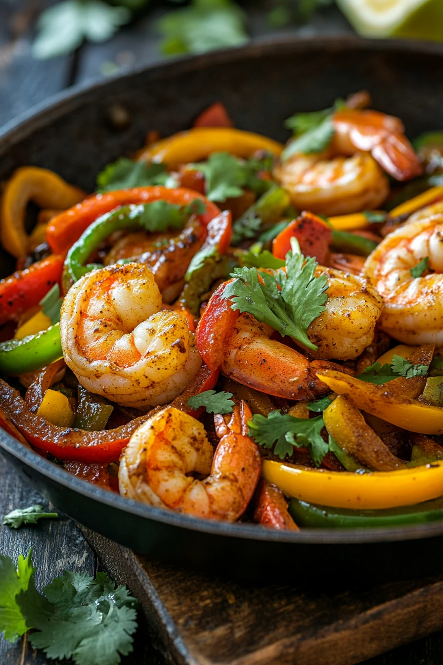 Close-up of a vibrant shrimp fajita skillet with colorful peppers and onions.