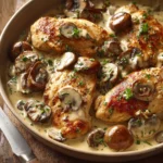 Close-up of skillet creamy mushroom chicken with a rich sauce and herbs