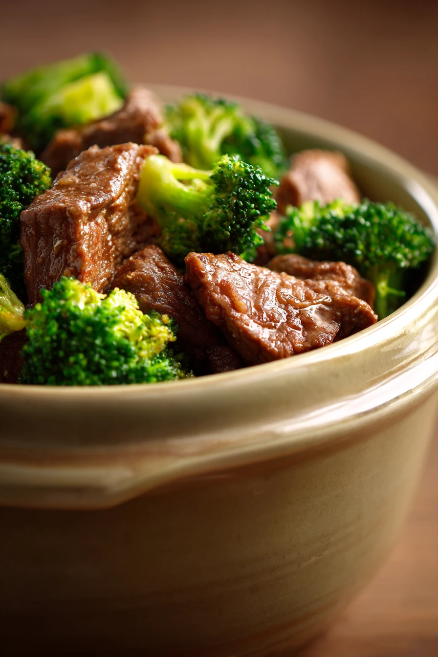 Close-up of slow cooker beef and broccoli with a rich sauce and vibrant colors.