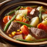 Close-up of slow cooker beef and veggie soup with visible vegetables and beef chunks.
