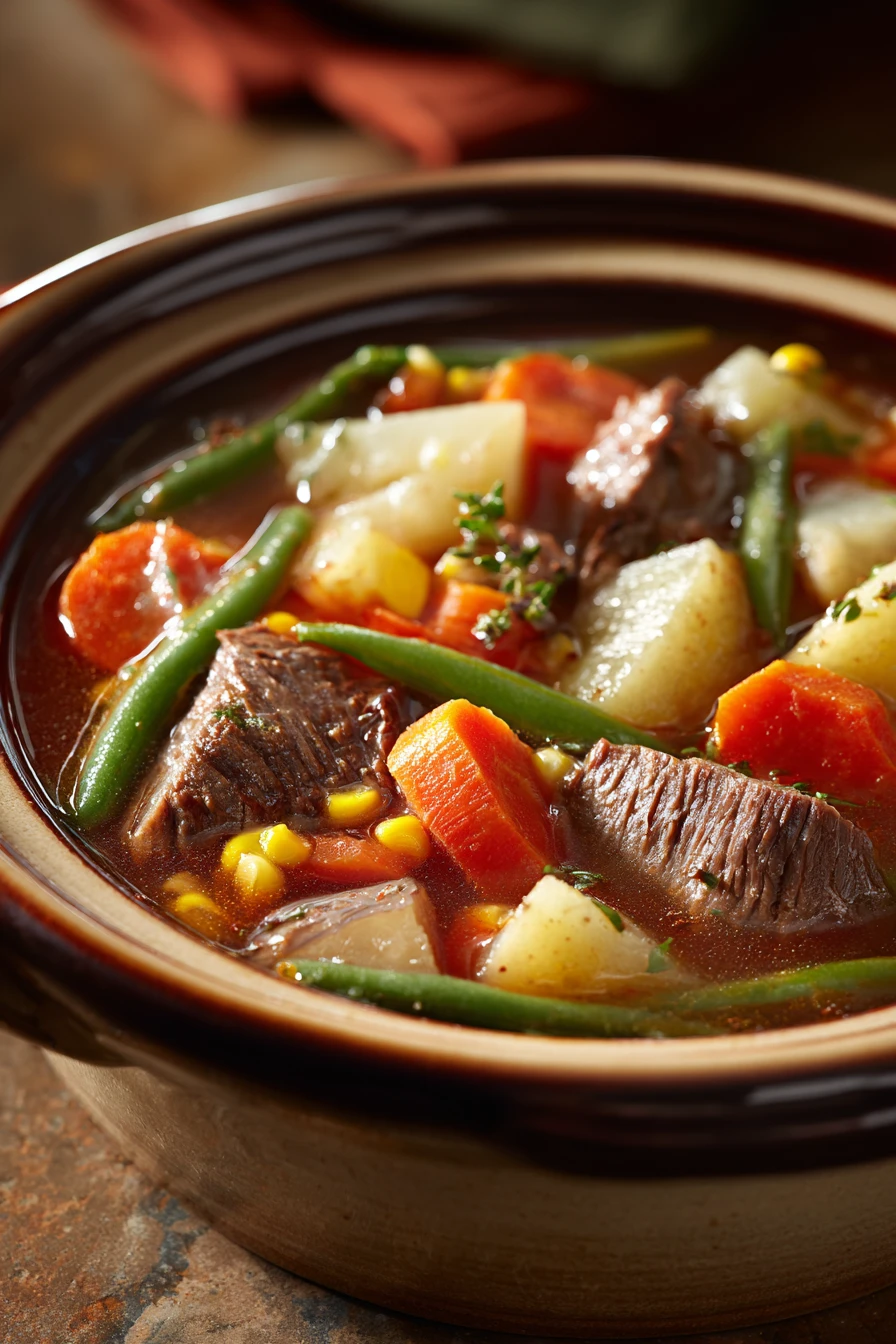 Close-up of slow cooker beef and veggie soup with visible vegetables and beef chunks.