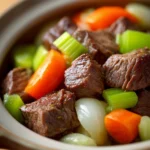 Close-up of slow cooker beef chunks with rich sauce and herbs