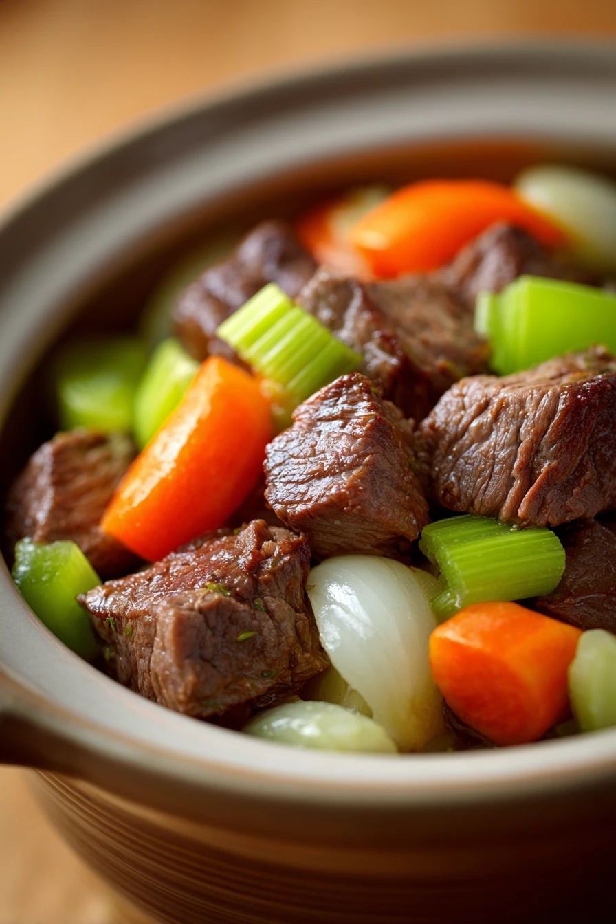 Close-up of slow cooker beef chunks with rich sauce and herbs