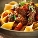 Close-up of slow cooker beef ragu with pappardelle, garnished with herbs, on a white plate.