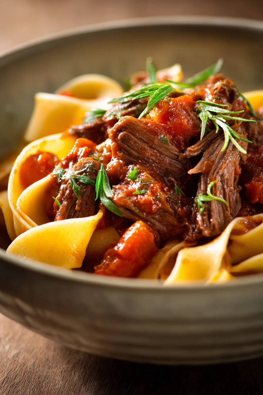 Close-up of slow cooker beef ragu with pappardelle, garnished with herbs, on a white plate.