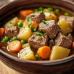 Close-up of slow cooker beef stew with chunks of beef and vegetables in a crock pot