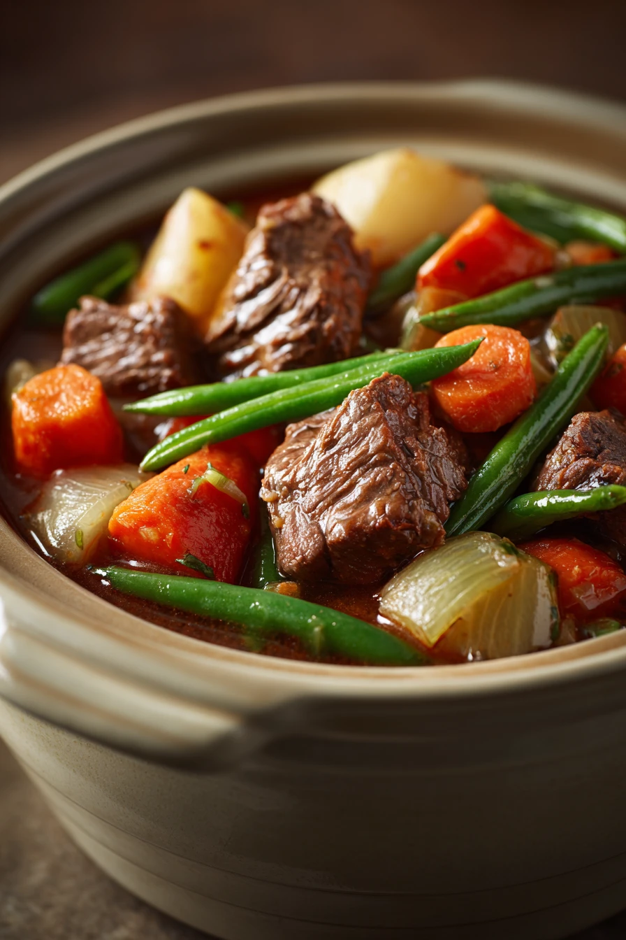 Close-up of slow cooker beef with vegetables in a bright, appetizing setting.