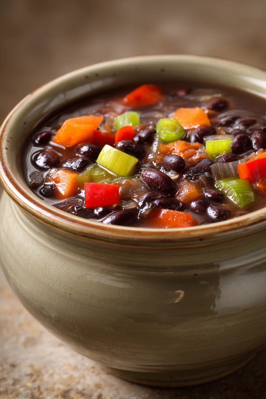 Close-up of slow cooker black bean soup with garnishes in a white bowl.