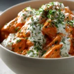 Close-up of slow cooker buffalo chicken with greek yogurt in a bright setting