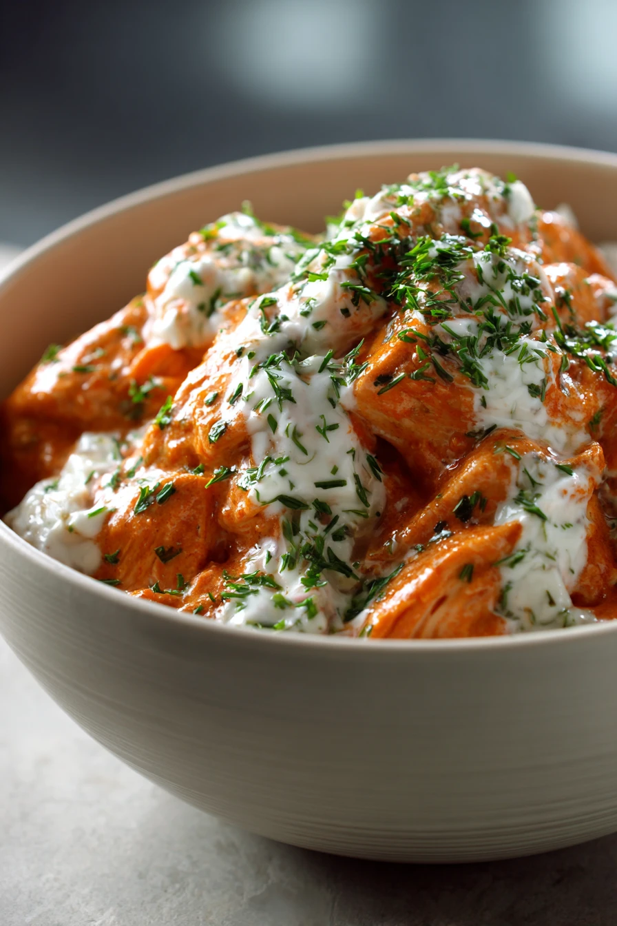 Close-up of slow cooker buffalo chicken with greek yogurt in a bright setting