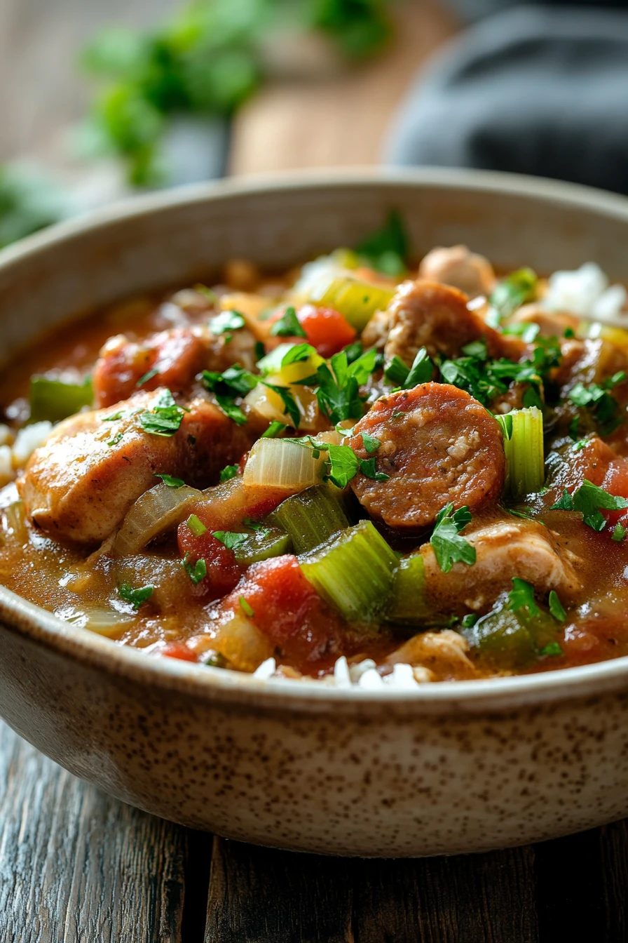 Close-up of slow cooker chicken gumbo with vibrant ingredients and a creamy sauce
