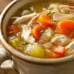 Close-up of slow cooker chicken onion soup with herbs in a white bowl